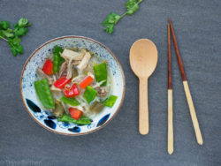 Reisnudelsuppe mit Hühnchen und Gemüse thailändische Art